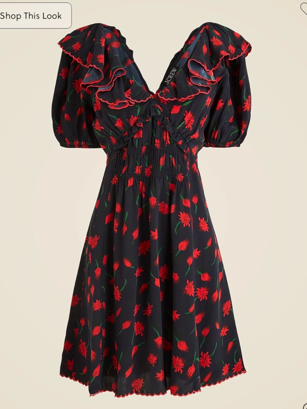 J. Crew Black Mini Dress with Red Floral Ruffle Detail